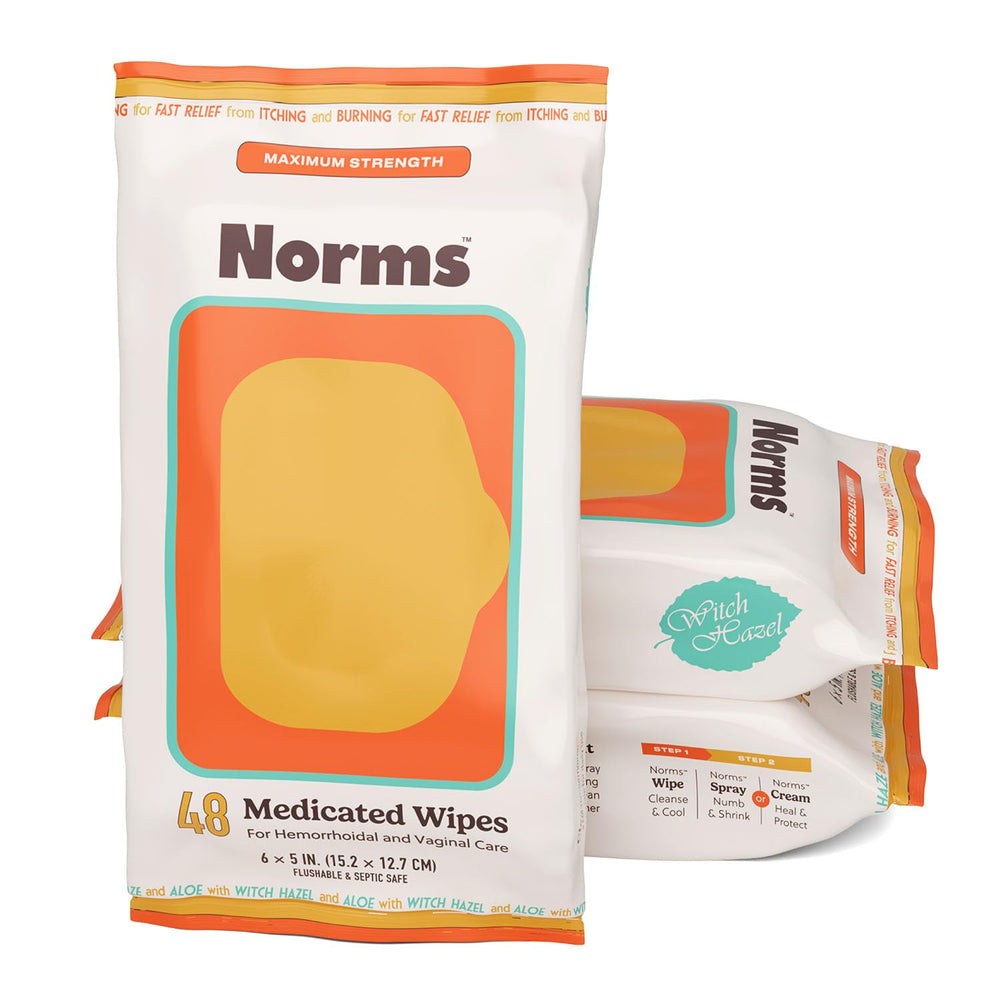 Norms medicated hemorrhoid wipes pack of three shown for convenient home care.