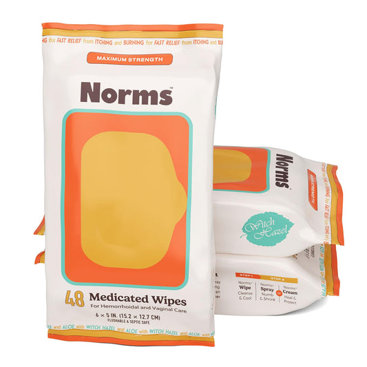 Norms medicated hemorrhoid wipes pack of three shown for convenient home care.