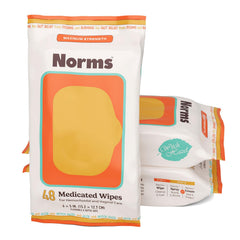 Norms medicated hemorrhoid wipes pack of three shown for convenient home care.