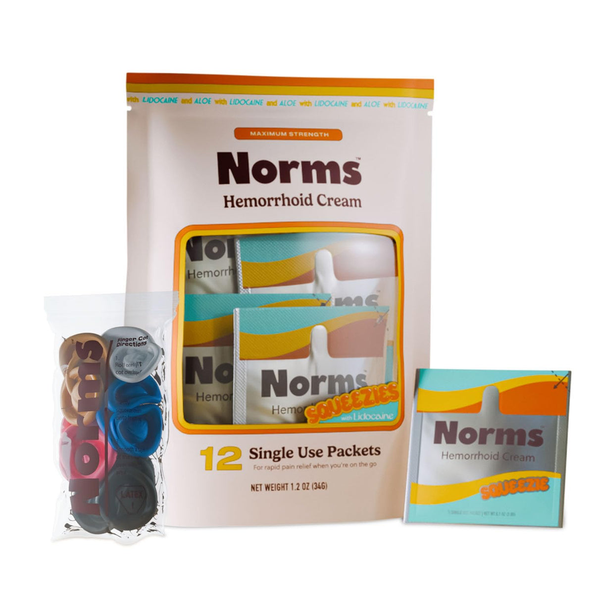 Norms Squeezies travel packet showing discreet packaging for on-the-go relief