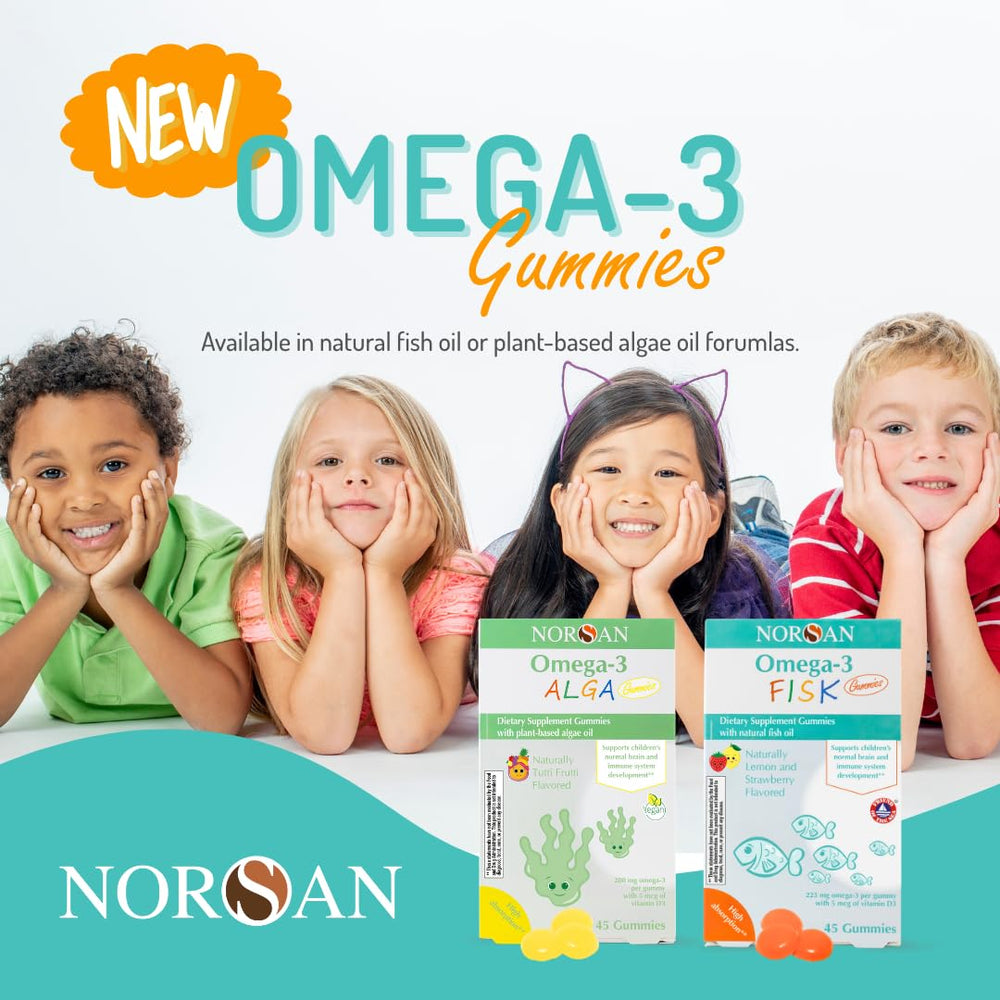 NORSAN Fisk Premium Omega-3 Kids Gummies packaging emphasizes sustainable sourcing.