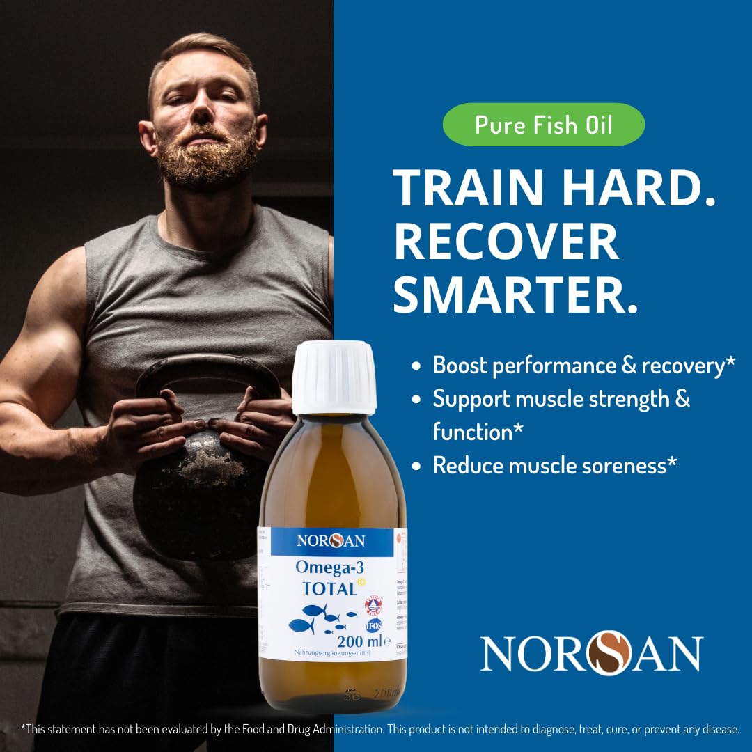 NORSAN Omega-3 Total Lemon label close-up highlights sustainable sourcing and purity.