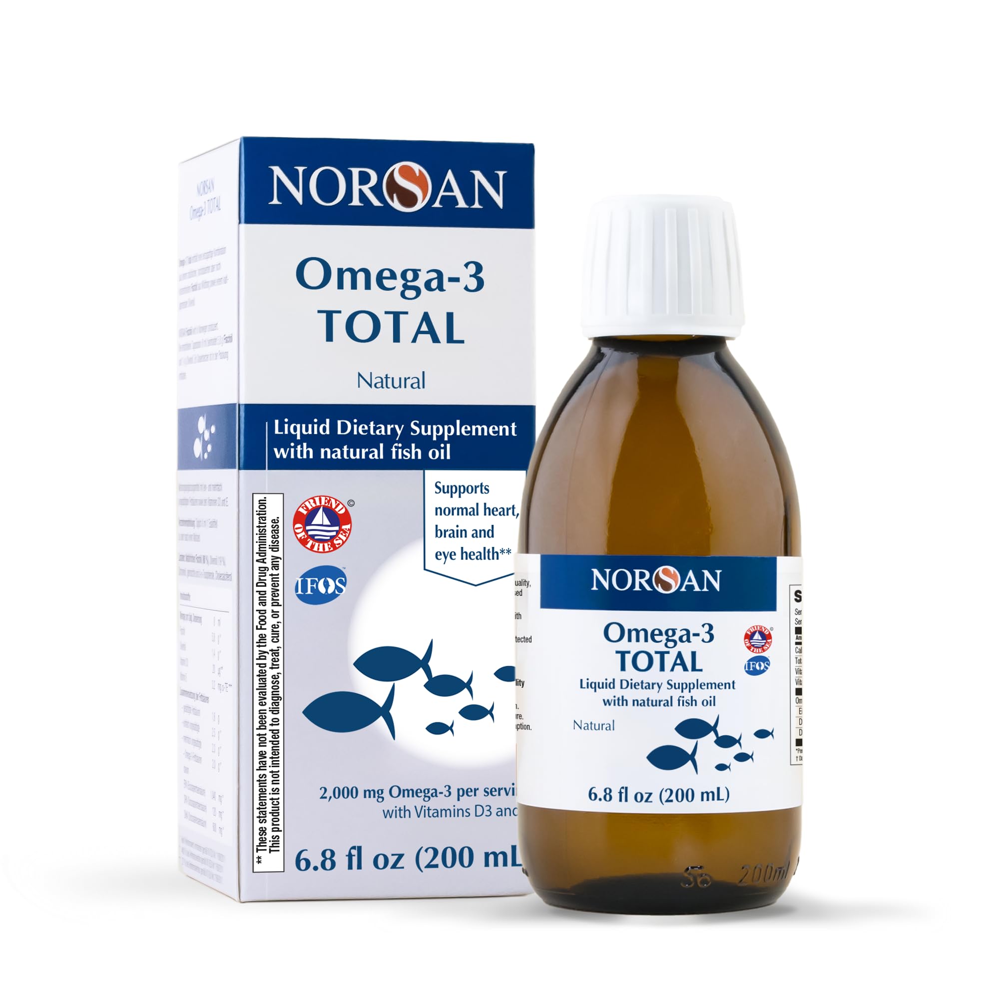 NORSAN Omega-3 Total liquid bottle highlighting 2000mg per serving for heart and brain support.