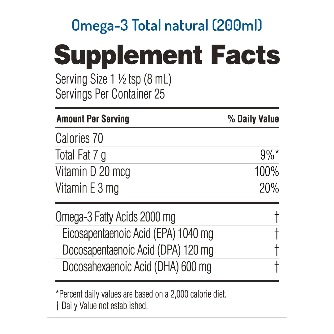 NORSAN Omega-3 Total liquid poured into a dosing spoon for easy daily use.