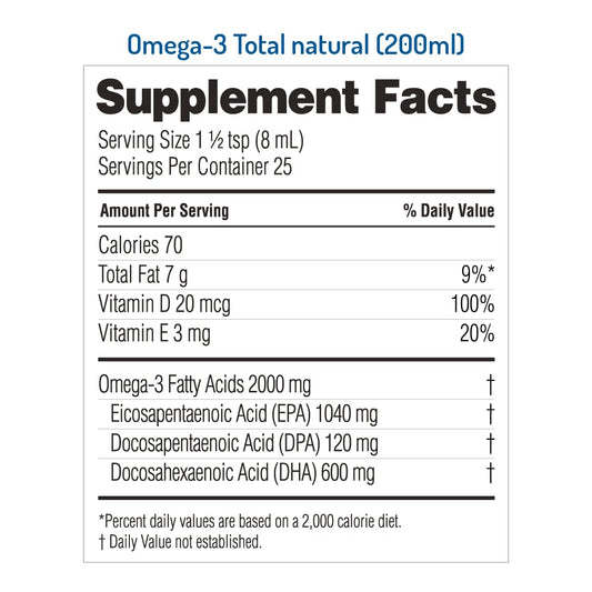 NORSAN Omega-3 Total liquid poured into a dosing spoon for easy daily use.
