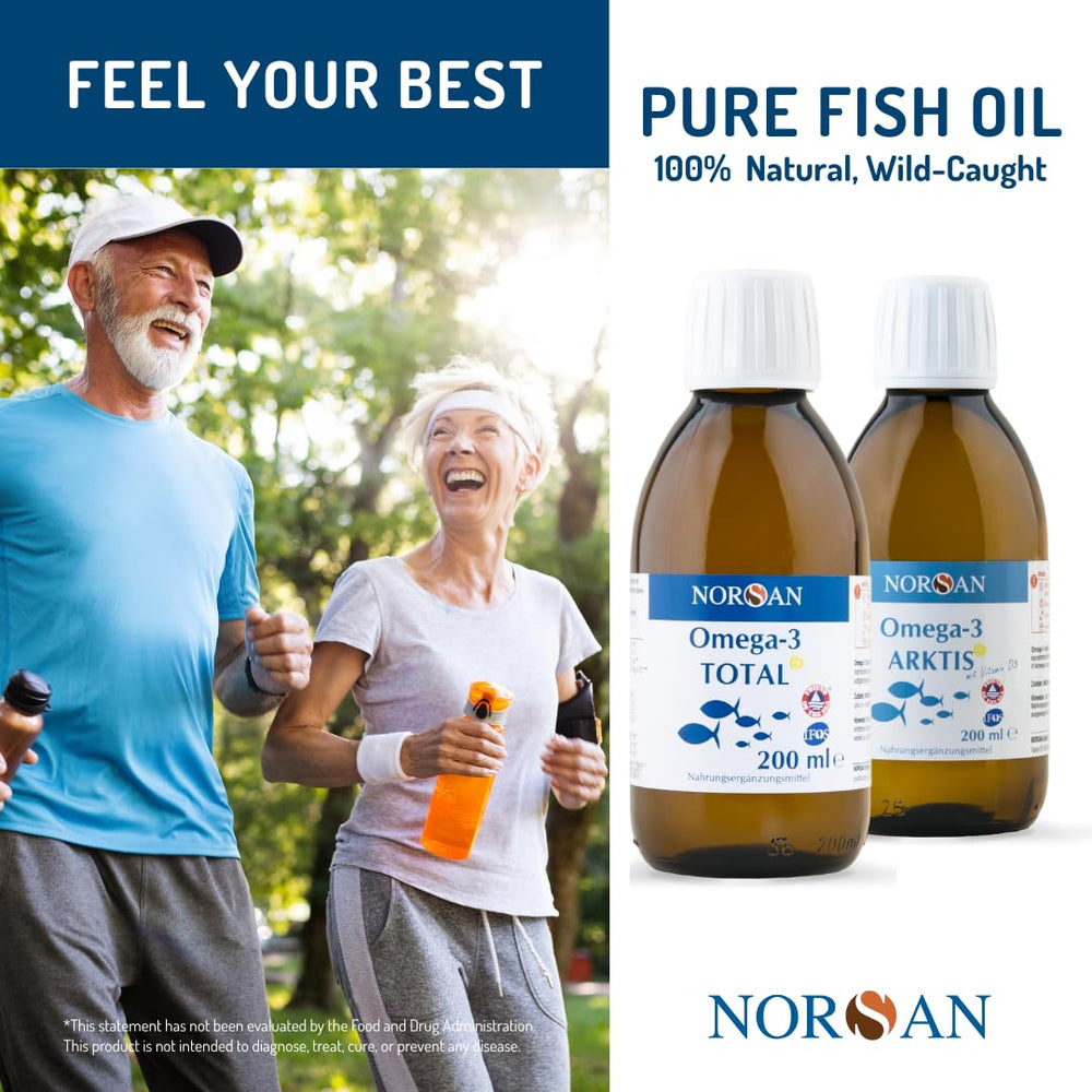 NORSAN Omega-3 Total liquid bottle with Friend of the Sea sustainability badge.