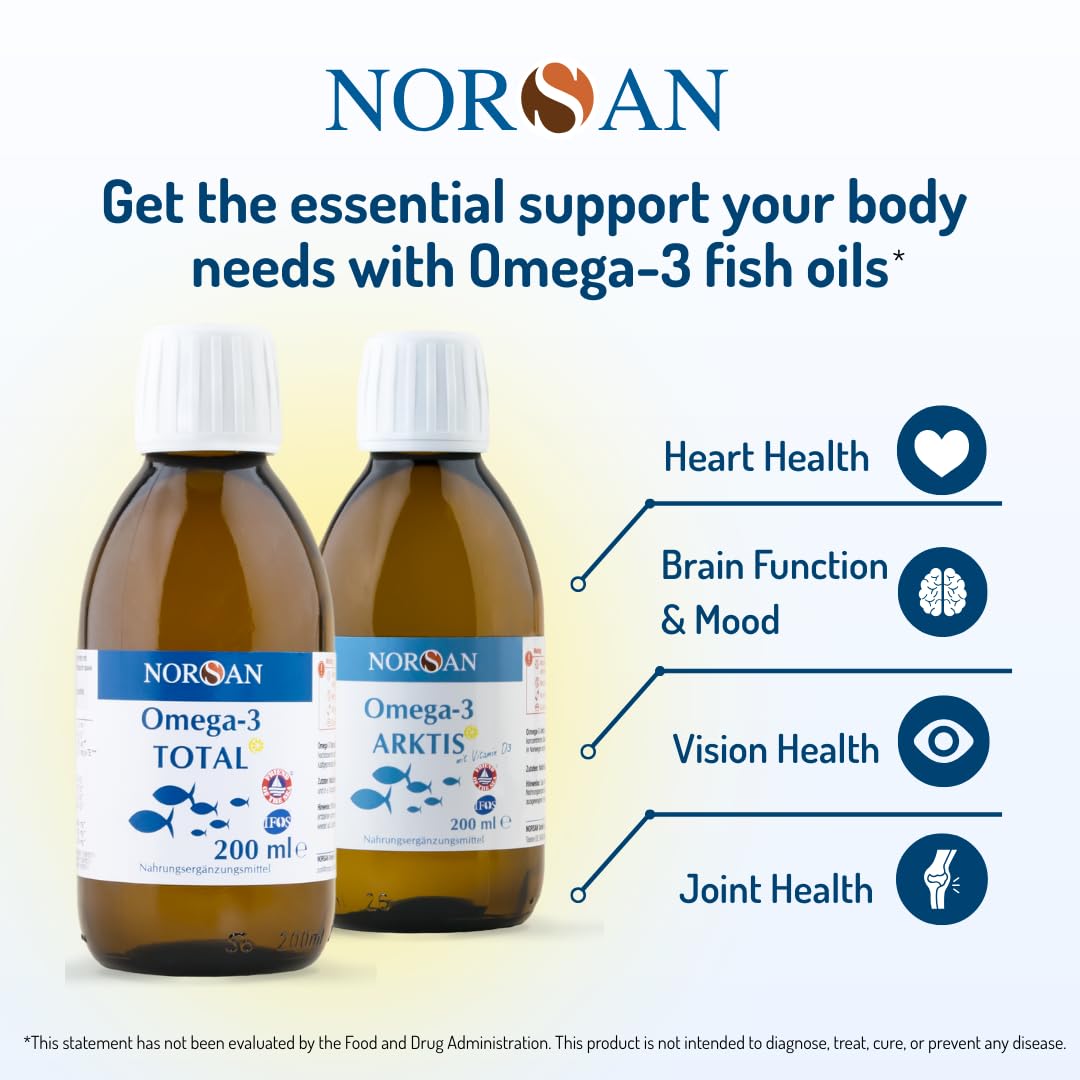 NORSAN Omega-3 Arktis bottle closeup showcasing clear oil and freshness