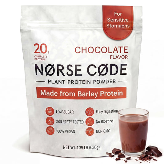 NØRSE CØDE Chocolate Barley Protein Powder tin; creamy vegan protein for shakes.