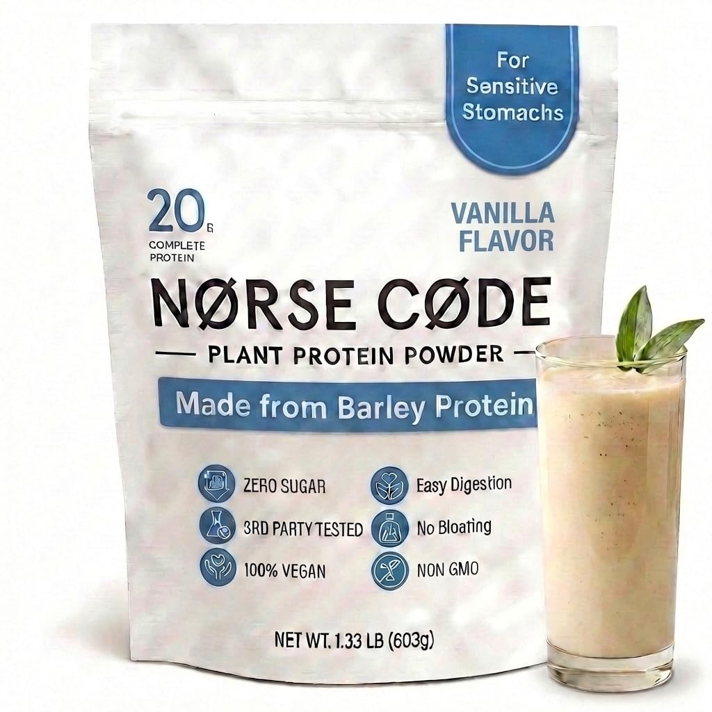 NØRSE CØDE vanilla plant-based barley protein powder bag ready for everyday shakes.