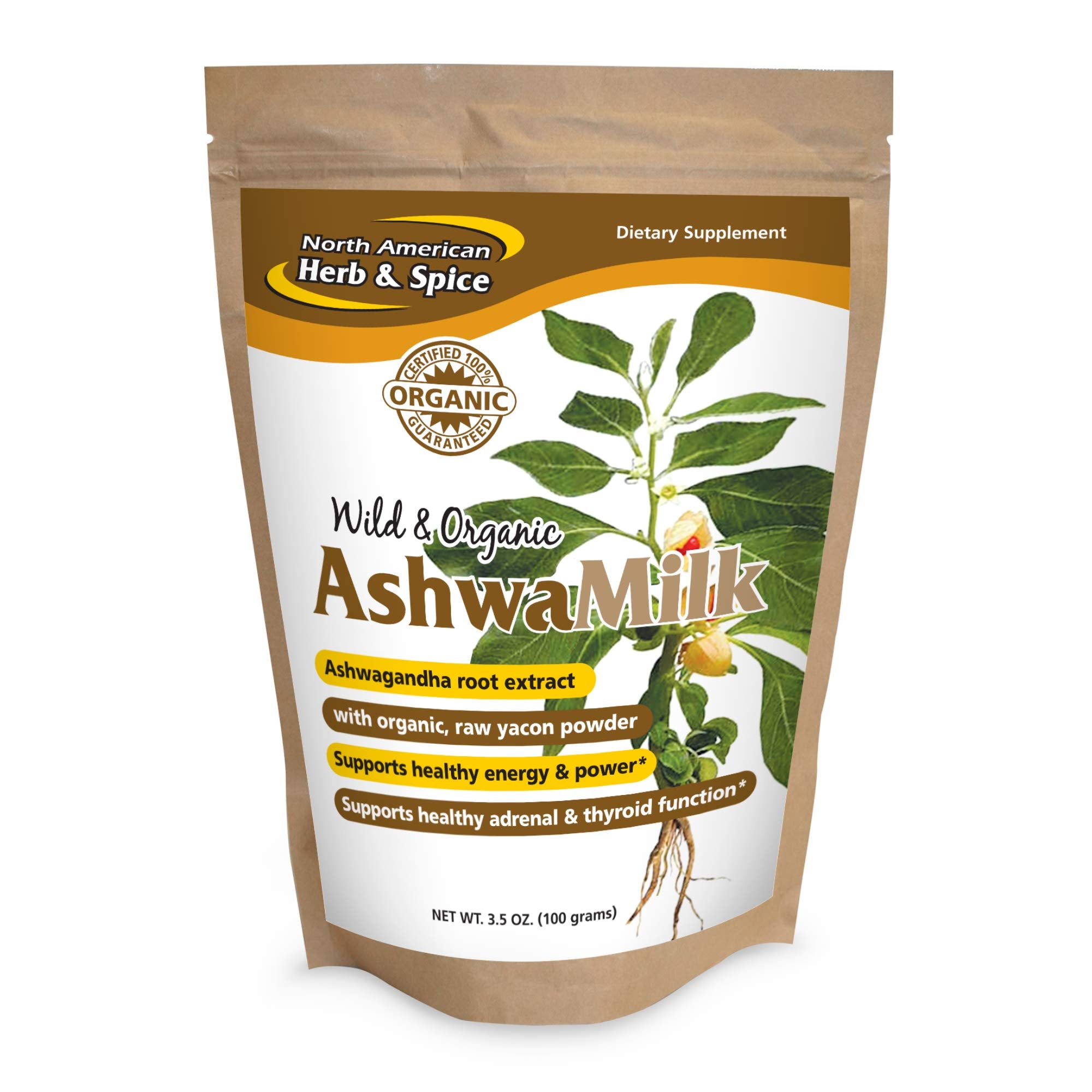 NORTH AMERICAN HERB & SPICE AshwaMilk bottle being poured for an energizing beverage.
