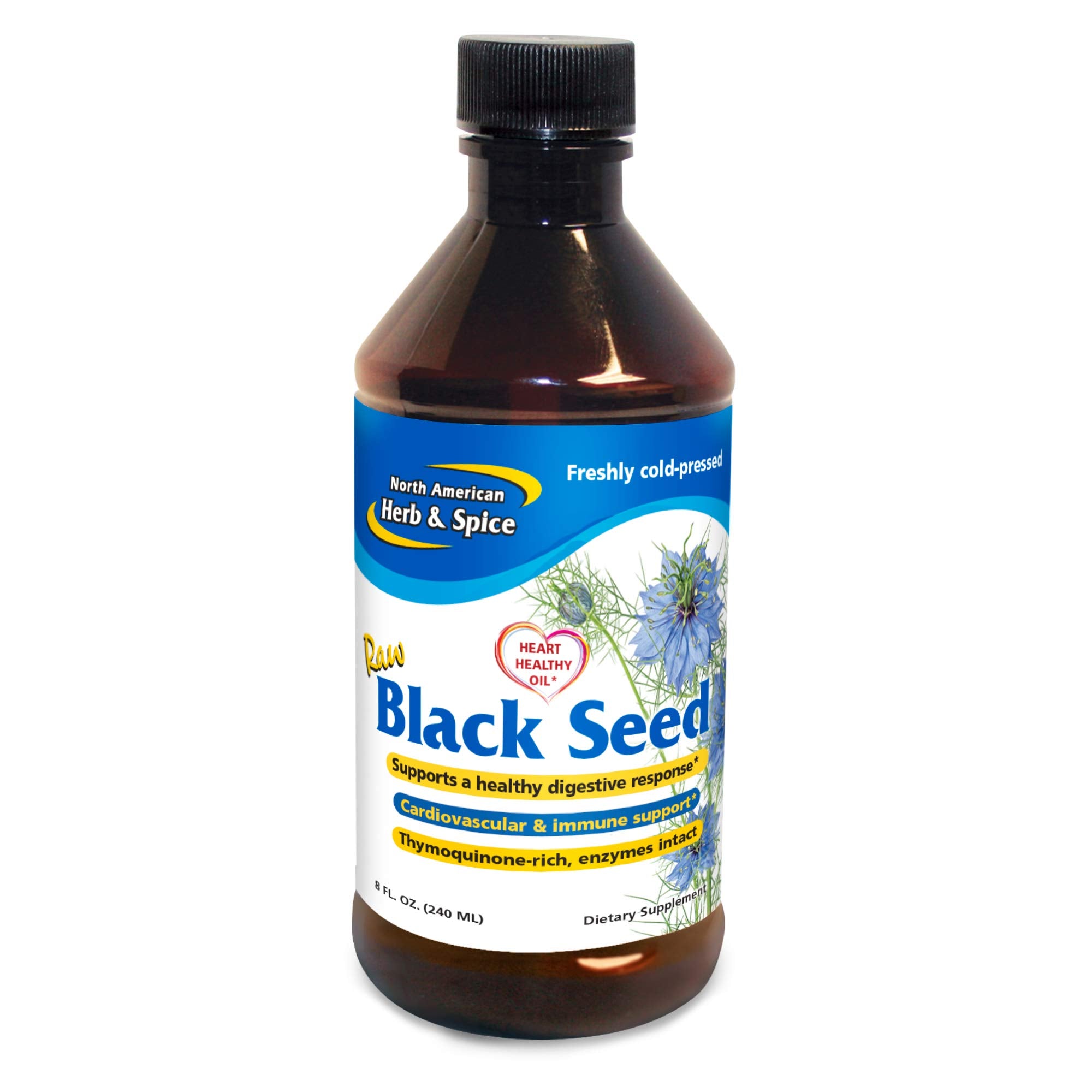 North American Herb & Spice black seed oil bottle close-up for oregano flavor.