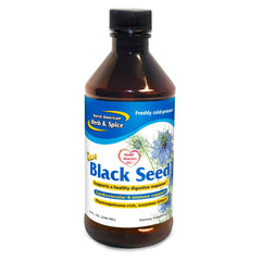 North American Herb & Spice black seed oil bottle close-up for oregano flavor.