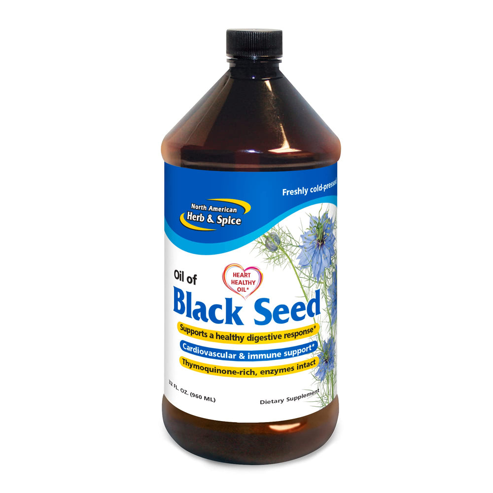 North American Herb & Spice Black Seed Oil bottle pour for easy daily use.