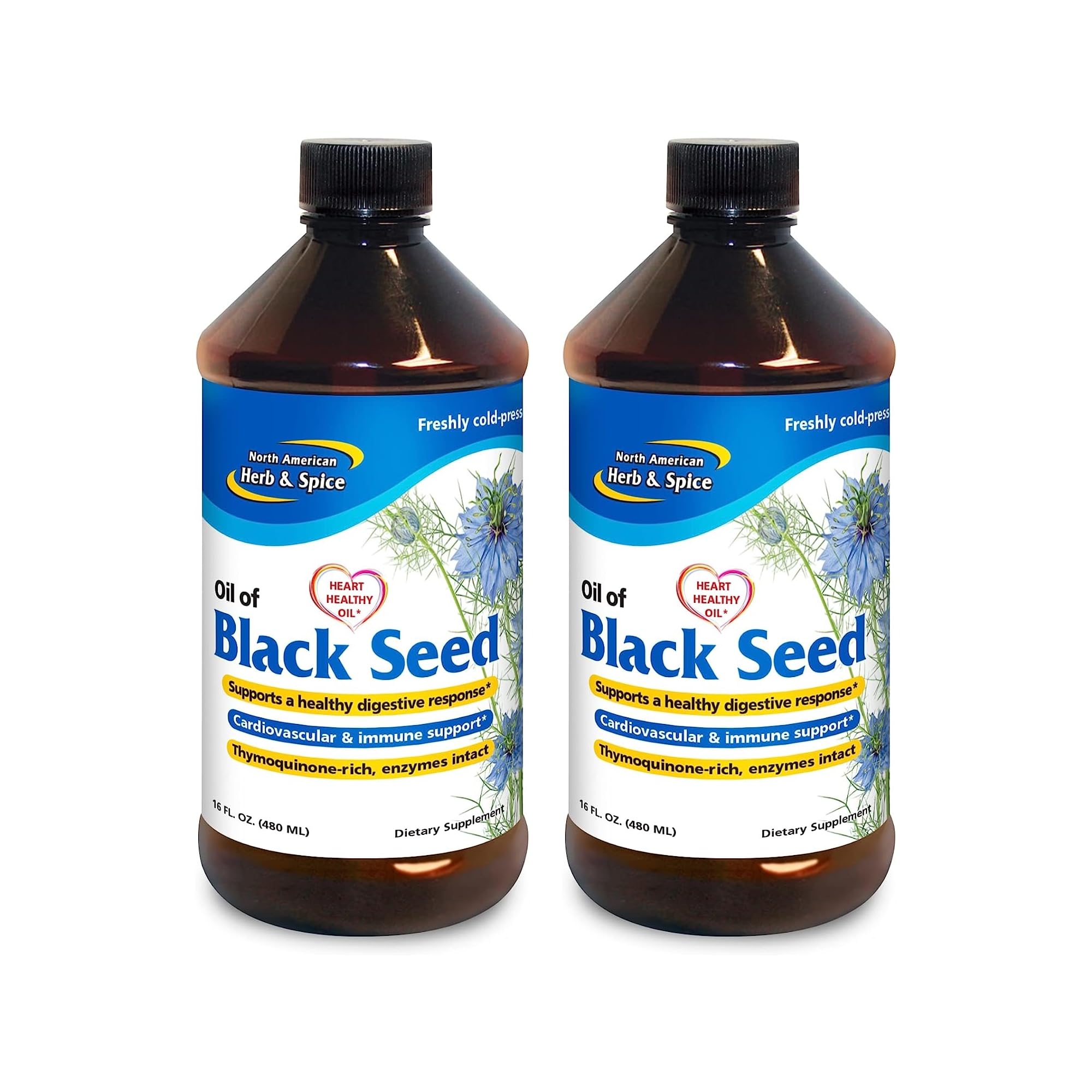 North American Herb and Spice Black Seed Oil bottle, premium cold-pressed for digestive support.