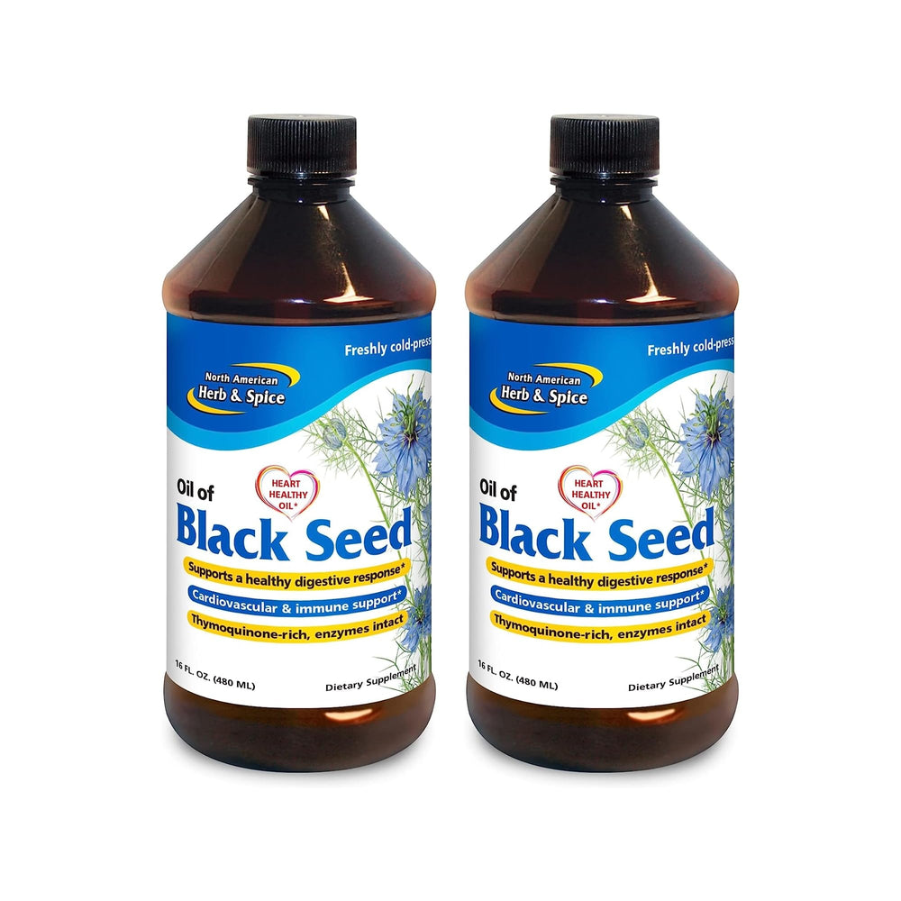 North American Herb and Spice Black Seed Oil bottle, premium cold-pressed for digestive support.