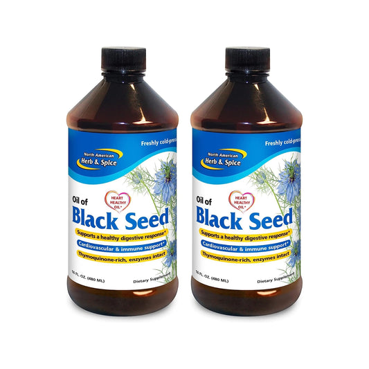 North American Herb and Spice Black Seed Oil bottle, premium cold-pressed for digestive support.