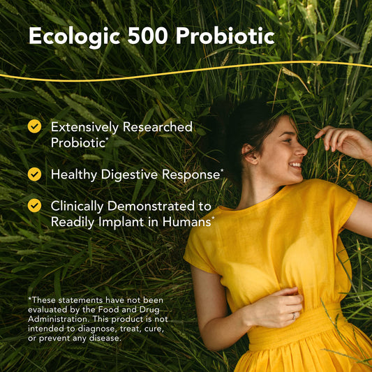 Ecologic 500 probiotic blend illustration highlighting researched strains.