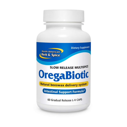 North American Herb & Spice OregaBiotic bottle with capsules for digestive support.