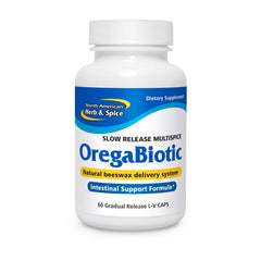 North American Herb & Spice OregaBiotic bottle with capsules for digestive support.