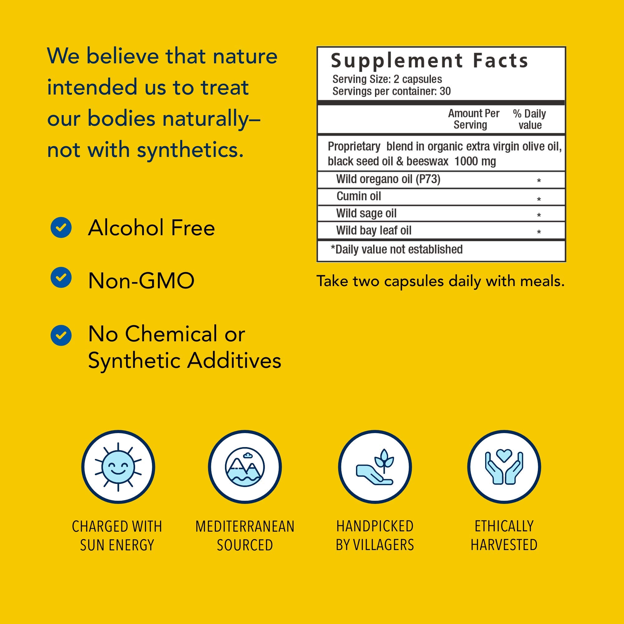 OregaBiotic label detail highlighting non-GMO and premium ingredients.