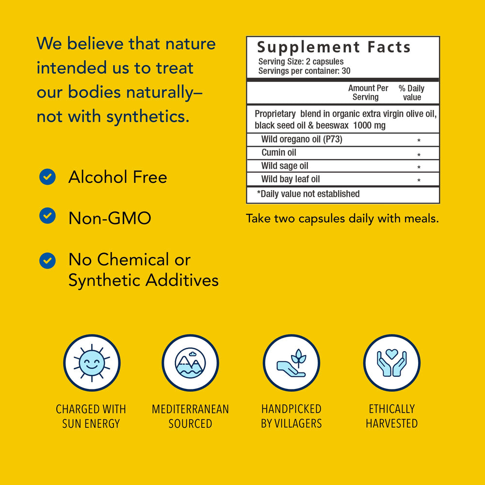 OregaBiotic label detail highlighting non-GMO and premium ingredients.