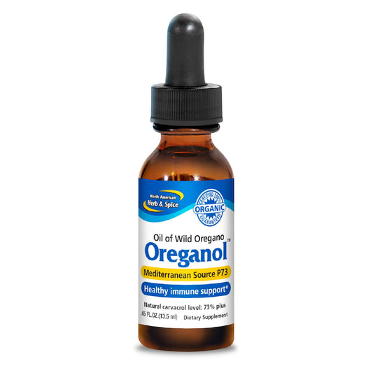 NORTH AMERICAN HERB & SPICE Oreganol P73 bottle, highlighting wild oregano oil for daily use.