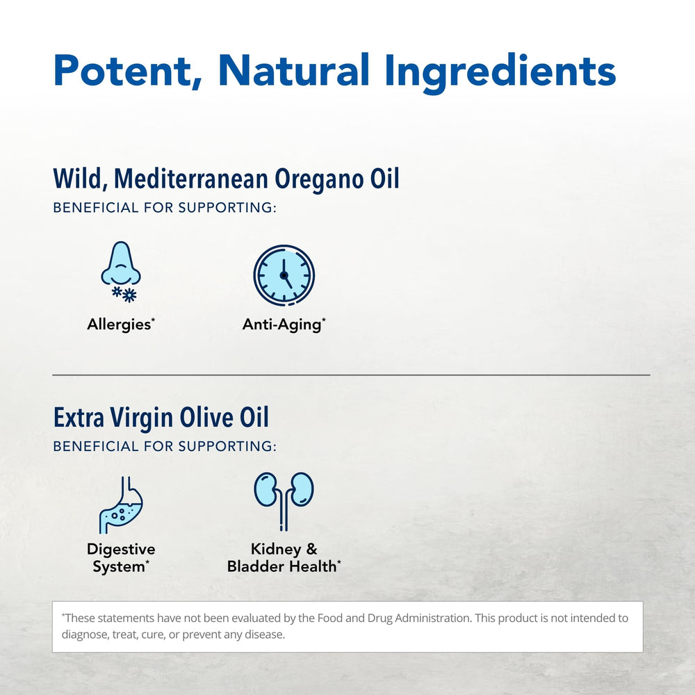 Oreganol P73 ingredients label highlights wild oregano oil and olive oil