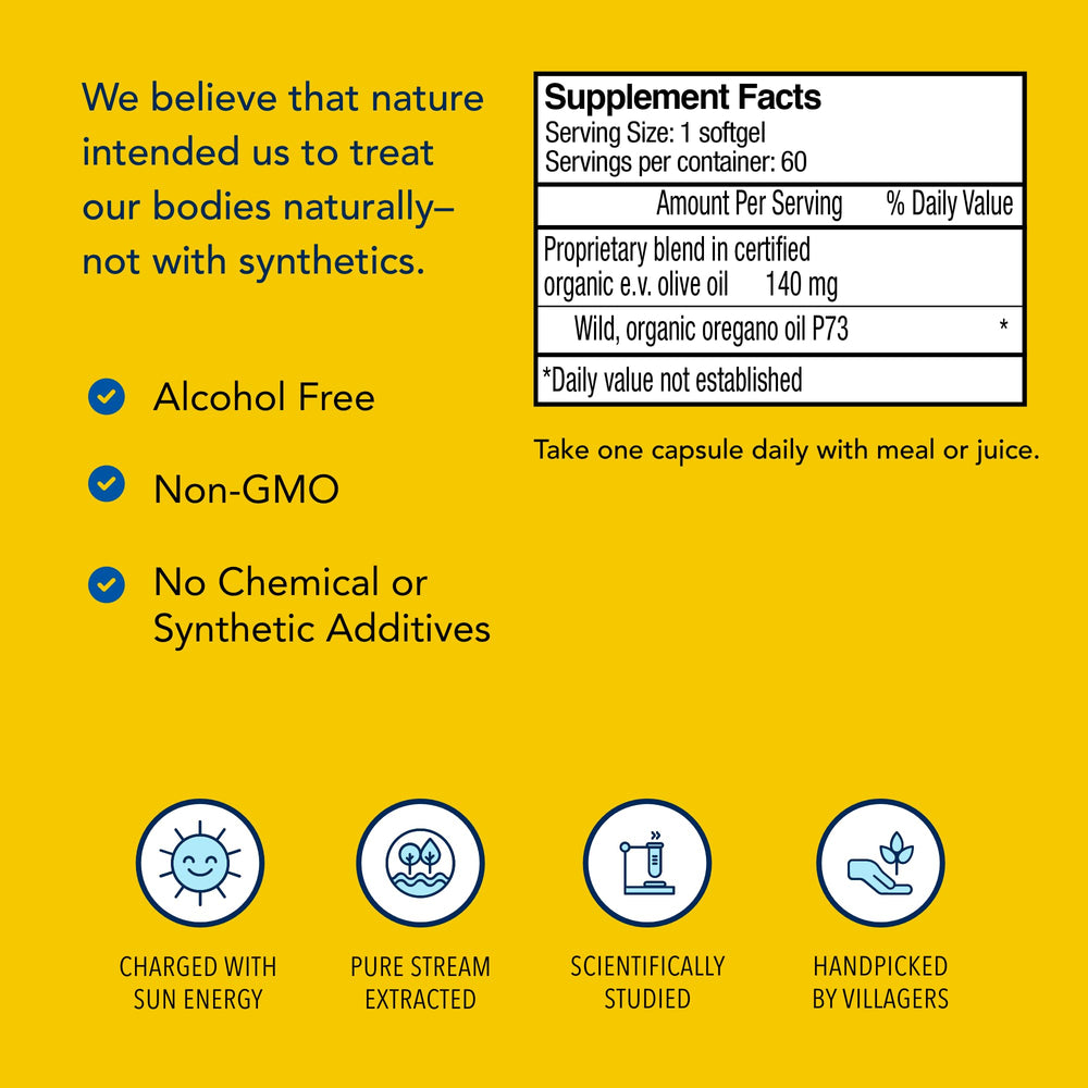 NORTH AMERICAN HERB & SPICE Oreganol P73 ingredients list with oregano and olive oil.