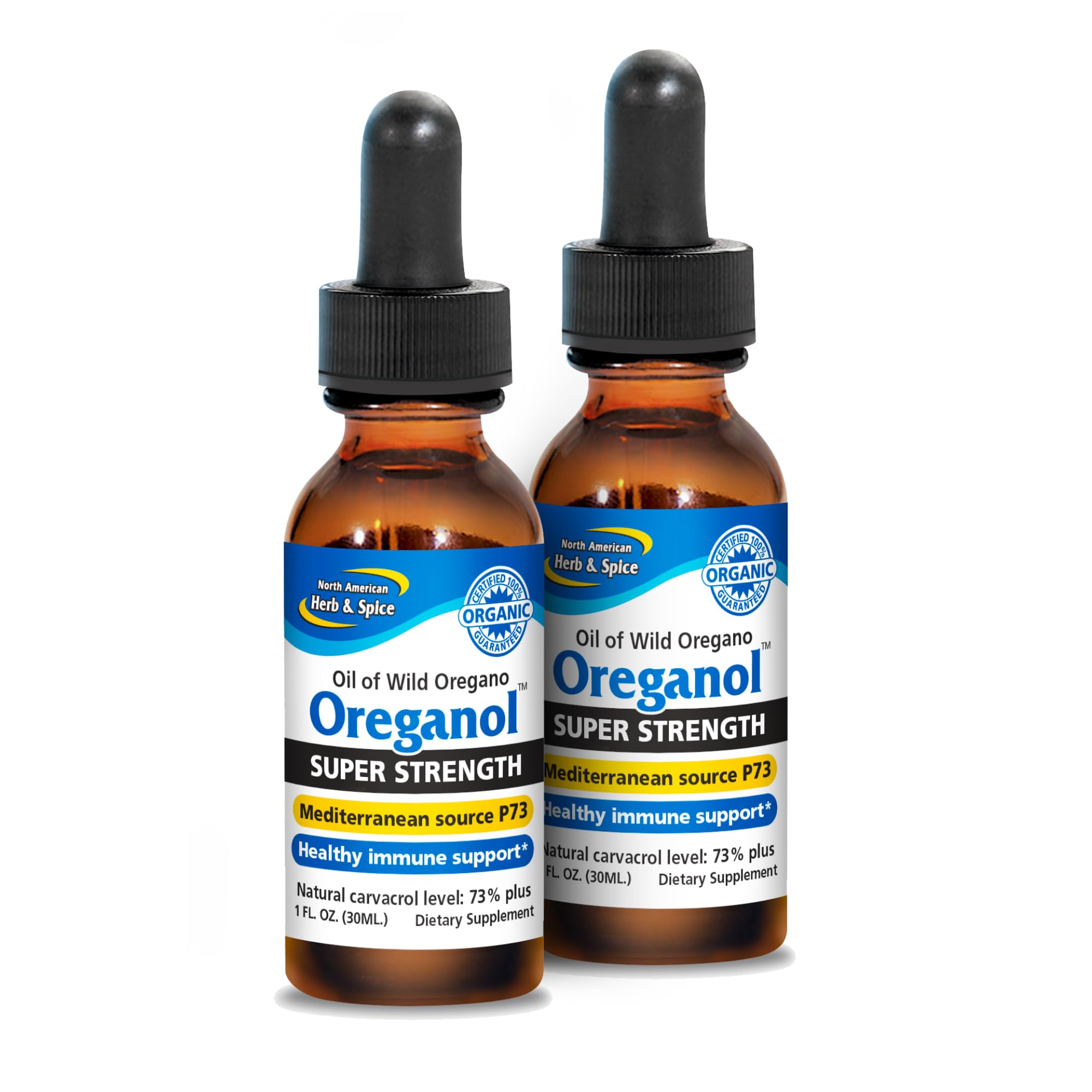 North American Herb and Spice Oreganol P73 bottle highlights pure, full-spectrum oregano oil.