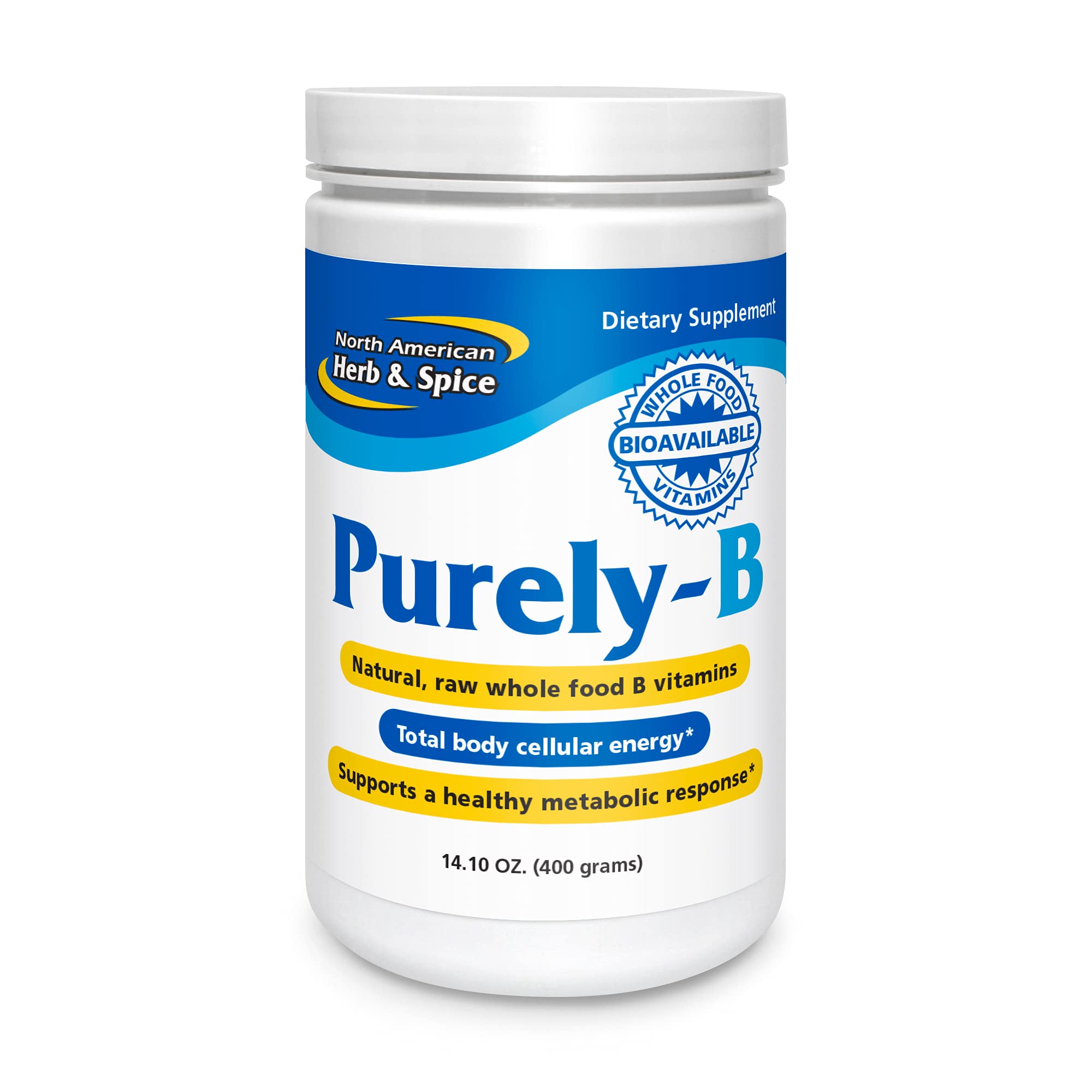 North American Herb & Spice Purely-B bottle front suggests natural energy support.