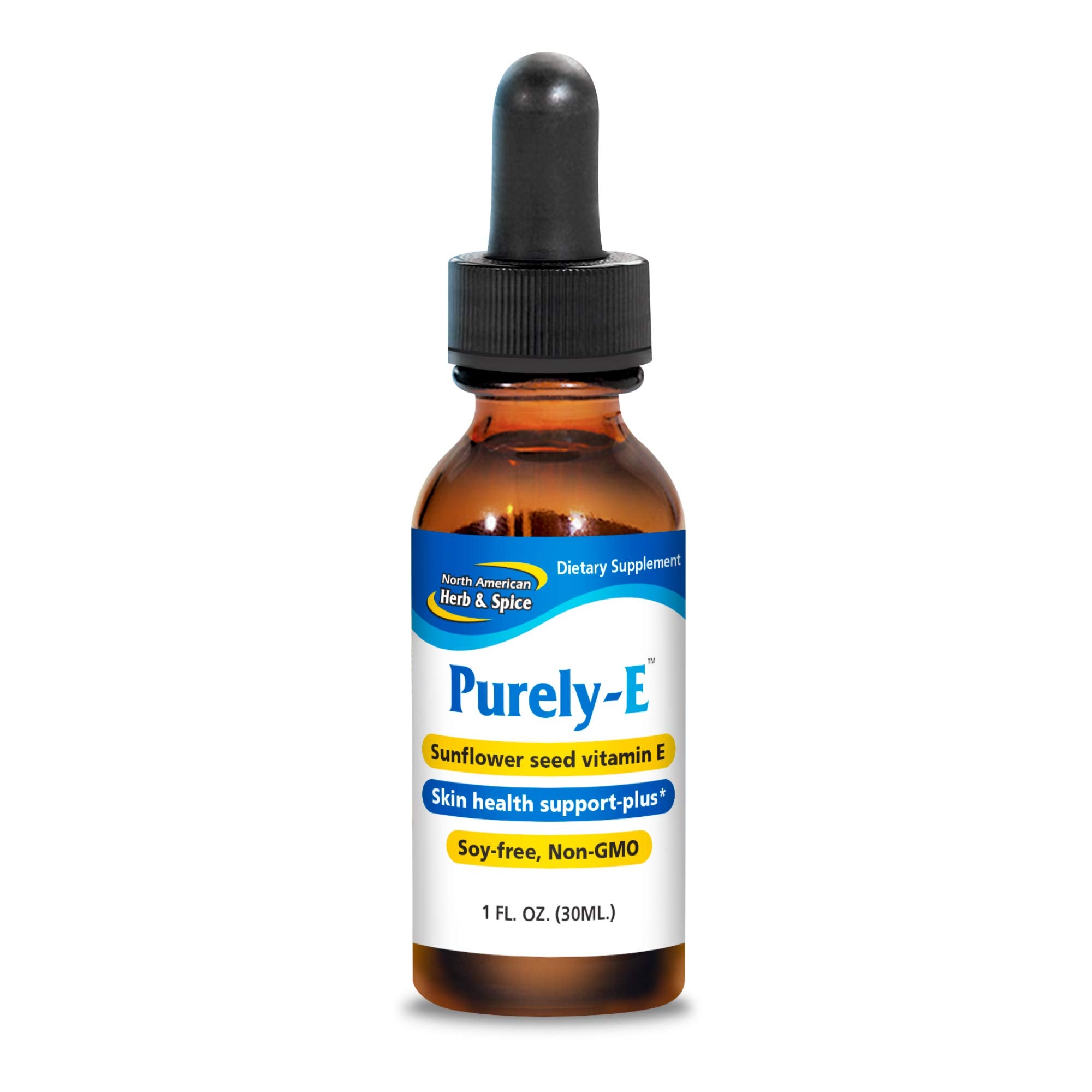 North American Herb and Spice Purely-E bottle front showing antioxidant-rich Vitamin E complex for daily use.