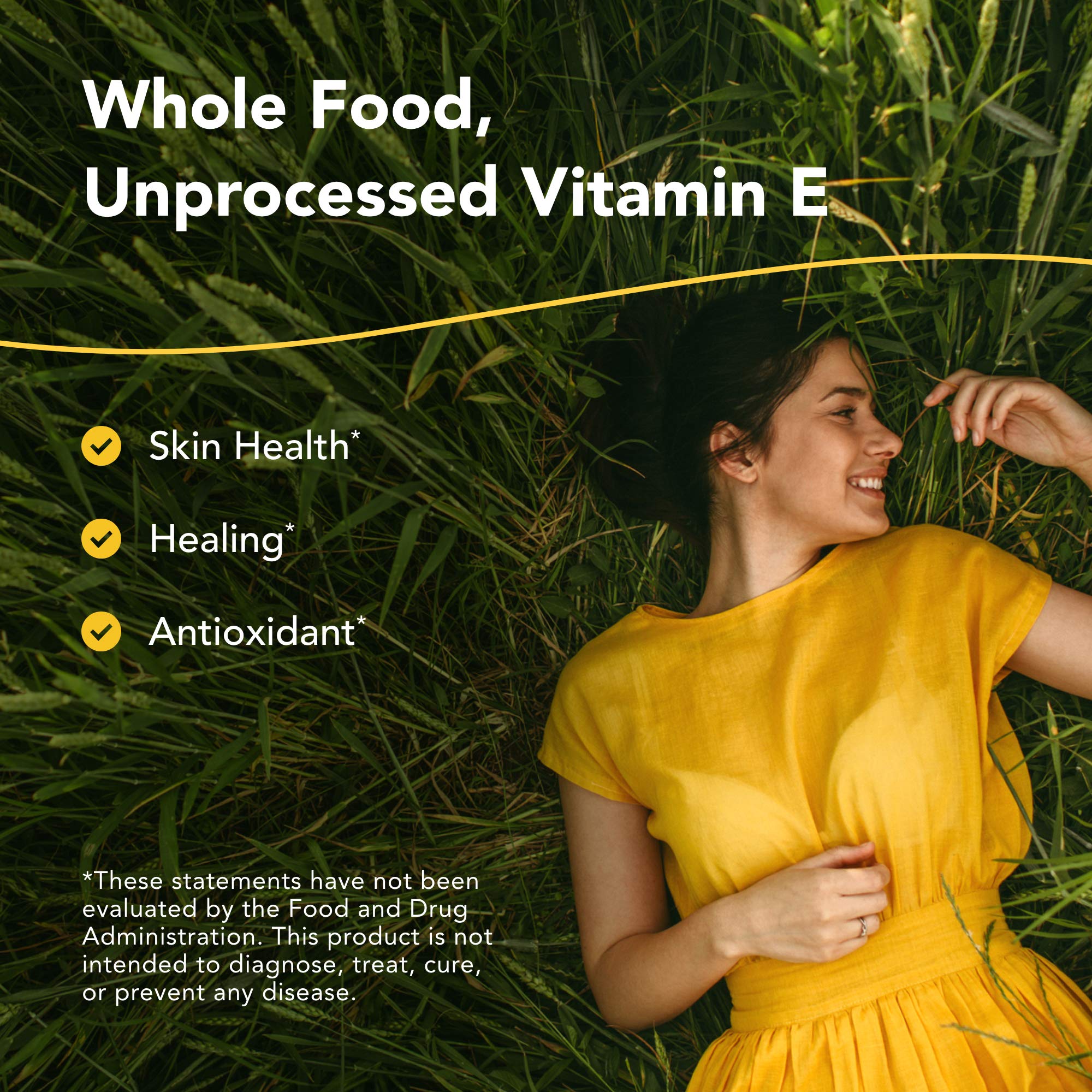 Close-up of Purely-E cap highlighting unprocessed whole-food vitamin E from seeds.
