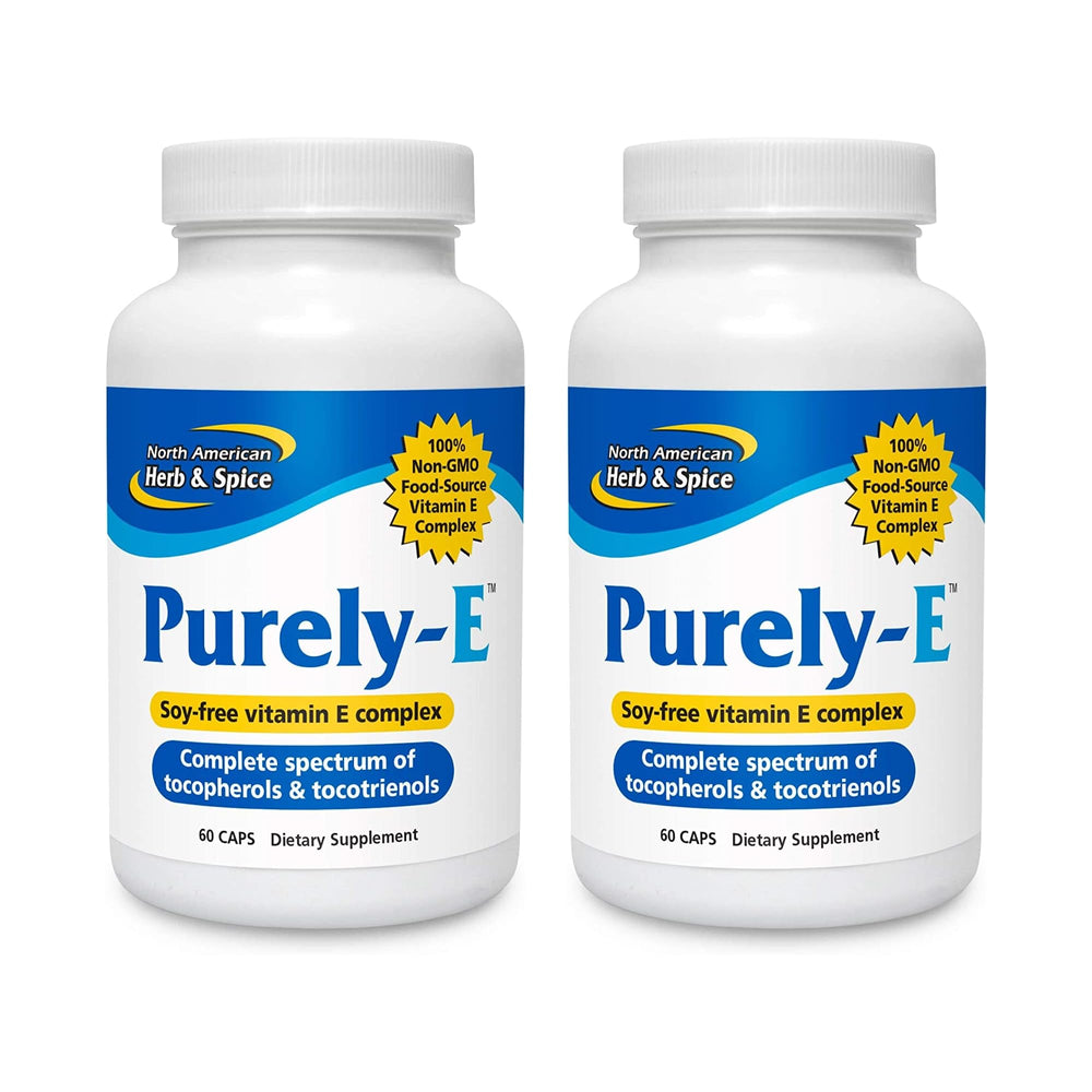 North American Herb & Spice Purely-E capsules closeup for daily hair and skin support