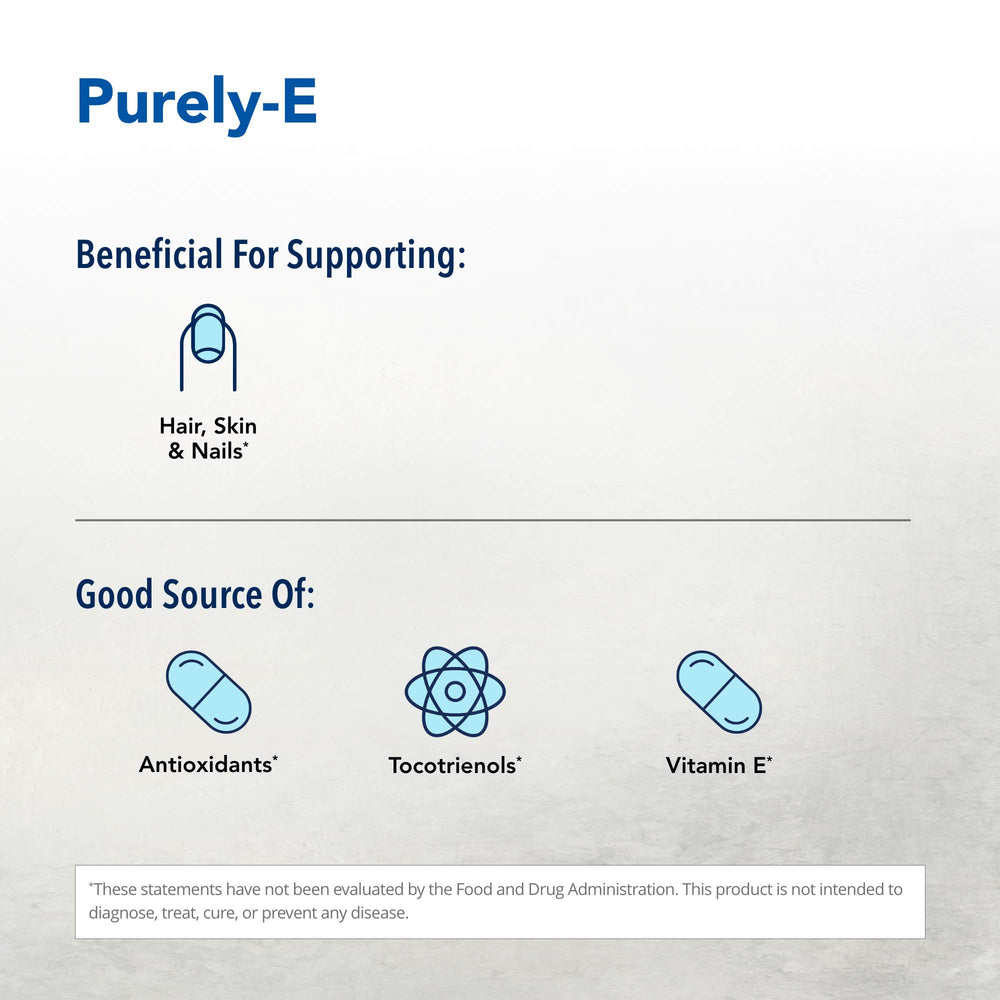 Purely-E label detail features sunflowers, red palm oil, and pumpkin seeds sources.