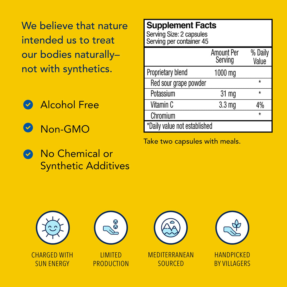 Resvital label detail showcases whole-fruit grape ingredients and non-GMO