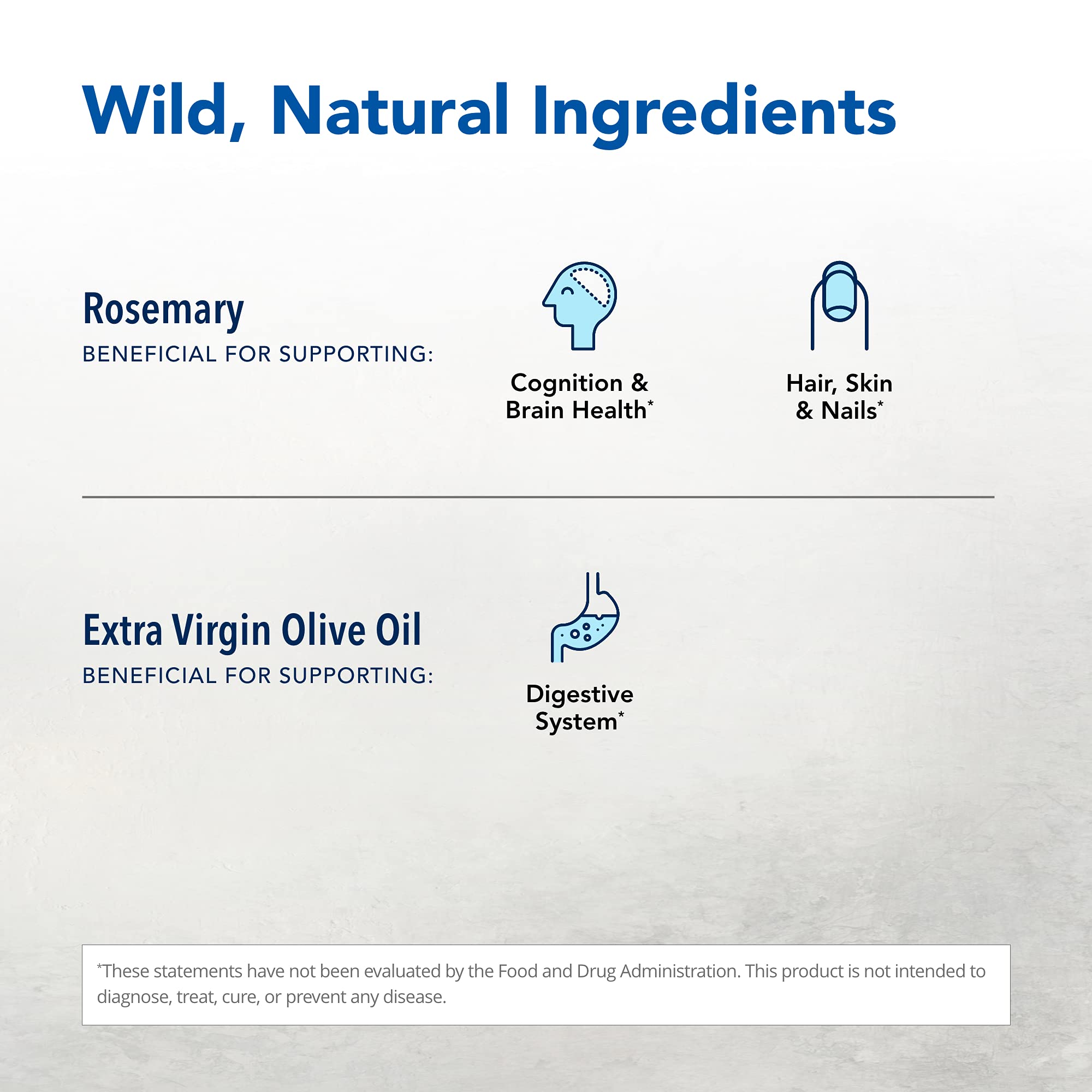 North American Herb & Spice ingredients panel shows rosemary oil with olive oil carrier for harmony.