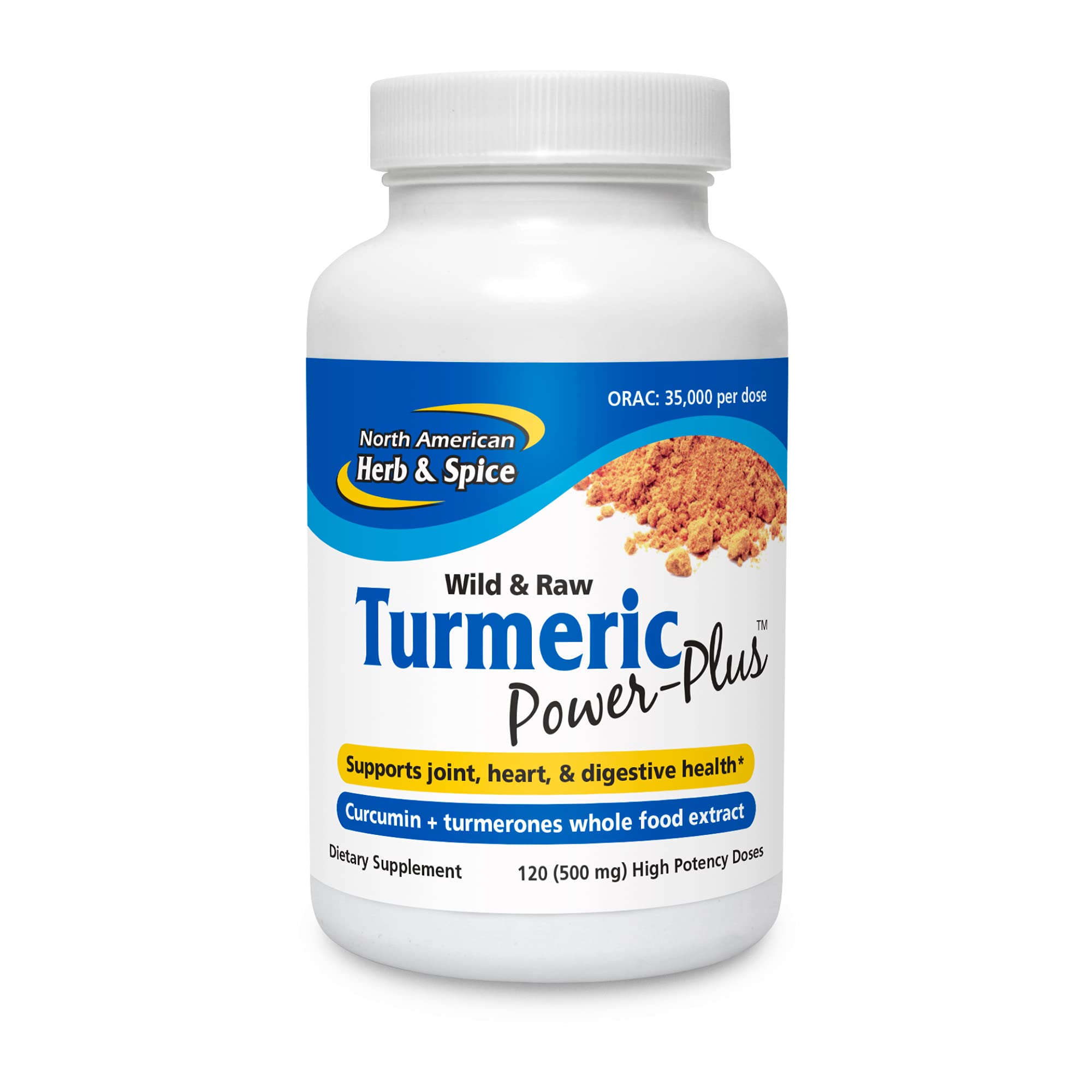 North American Herb and Spice Turmeric Power-Plus bottle front view supports joint wellness with whole-food curcuminoids.