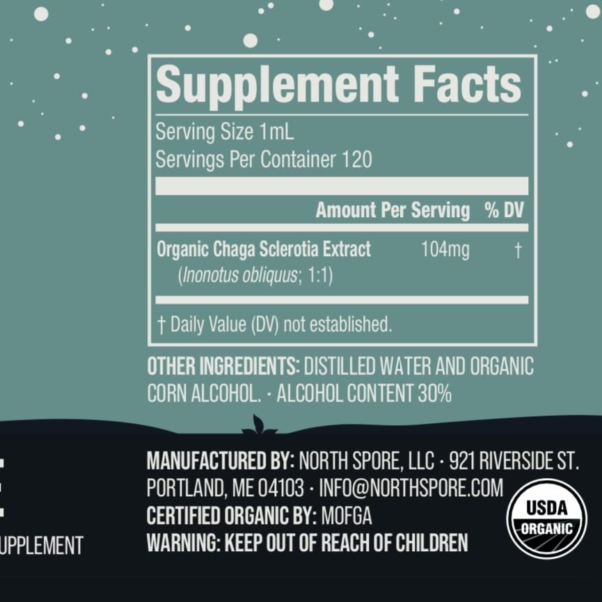 North Spore Chaga tincture close-up reveals rich color and premium extraction.