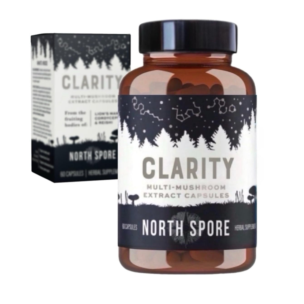North Spore Clarity bottle front highlighting the organic mushroom blend for mental focus.