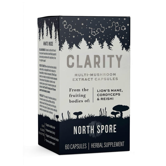 North Spore Clarity capsules closeup illustrating potent mushroom capsules for cognitive support.