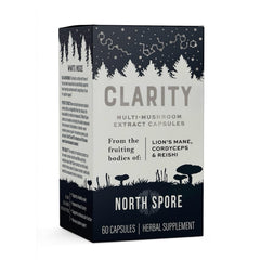 North Spore Clarity capsules closeup illustrating potent mushroom capsules for cognitive support.