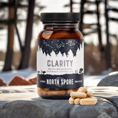 North Spore Clarity label shows organic, non-GMO formulation.