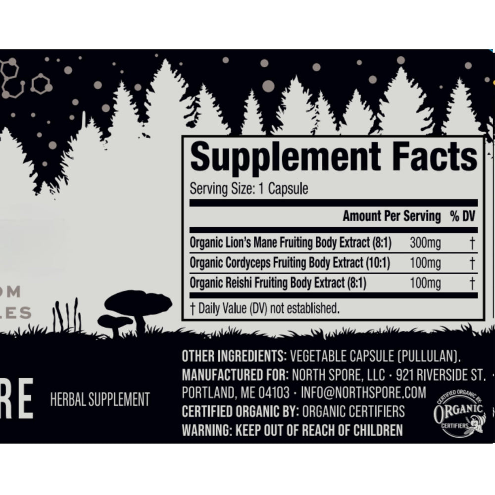 North Spore Clarity Lion Mane, Reishi, Cordyceps synergy for mindful mornings.