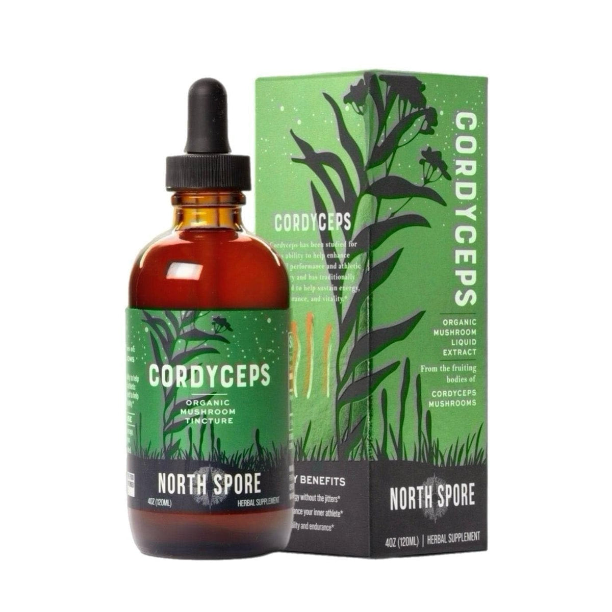 North Spore Cordyceps tincture bottle label highlights organic energy support.