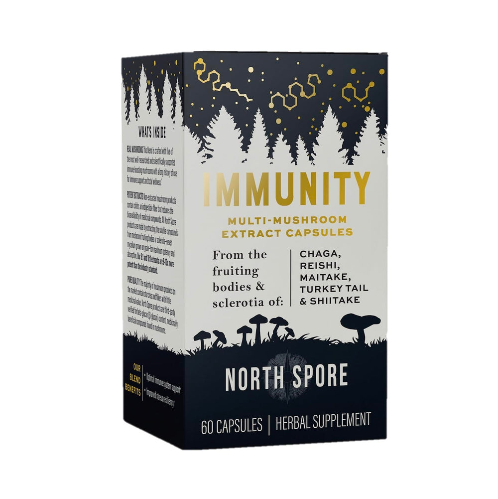 North Spore Immunity Capsules bottle side view showing label.