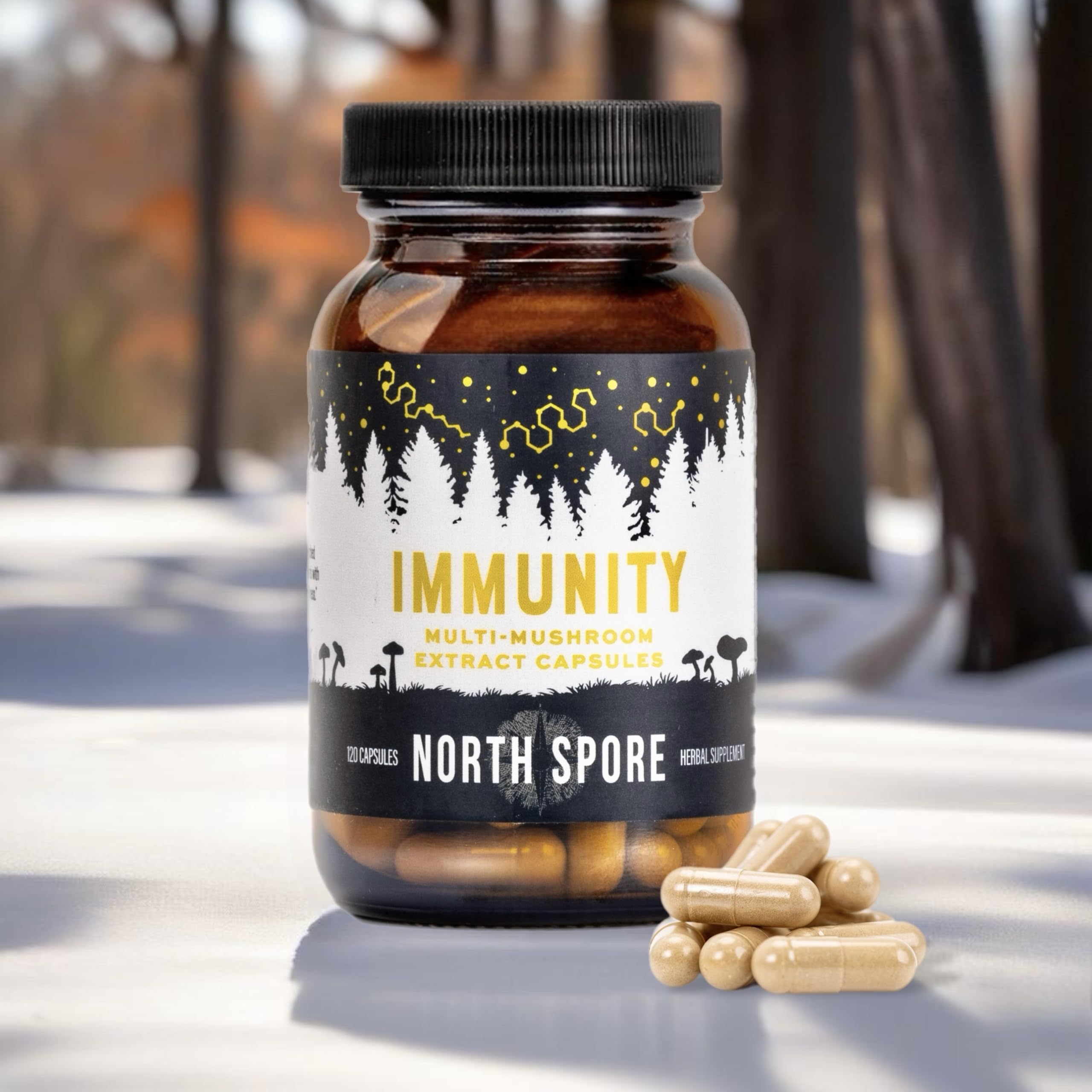 North Spore Immunity capsules closeup highlights fruiting body extracts for purity and potency.