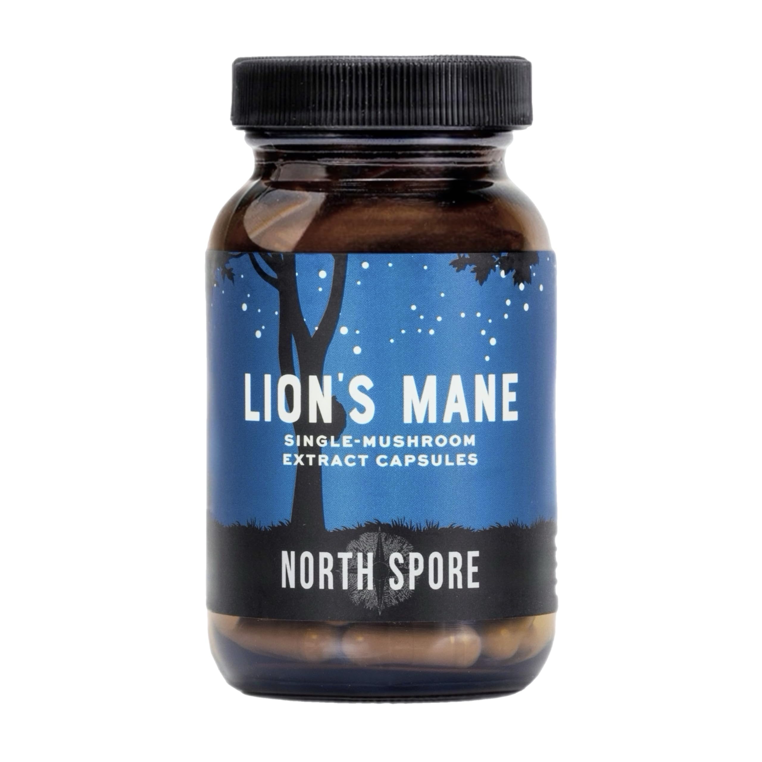 North Spore Lion's Mane label closeup highlights organic, non GMO formulation and purity.