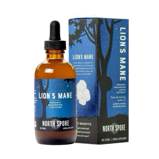 North Spore Lion's Mane tincture bottle front, highlighting brain support and organic formula
