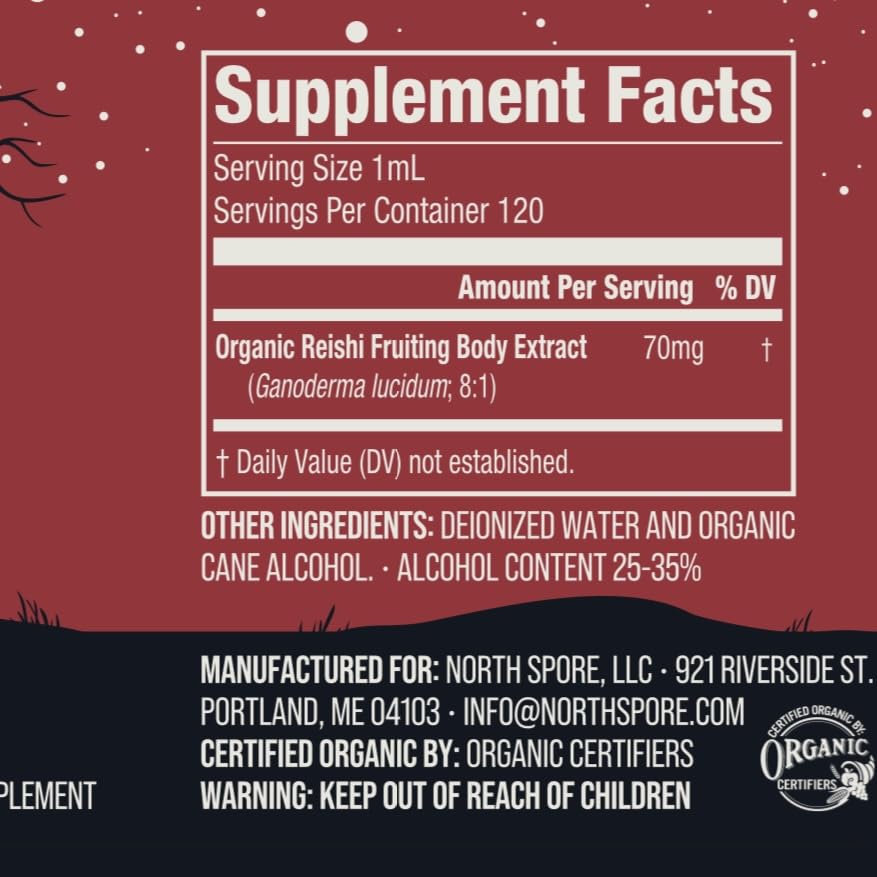 North Spore Reishi tincture label communicates vegan and non-GMO integrity.