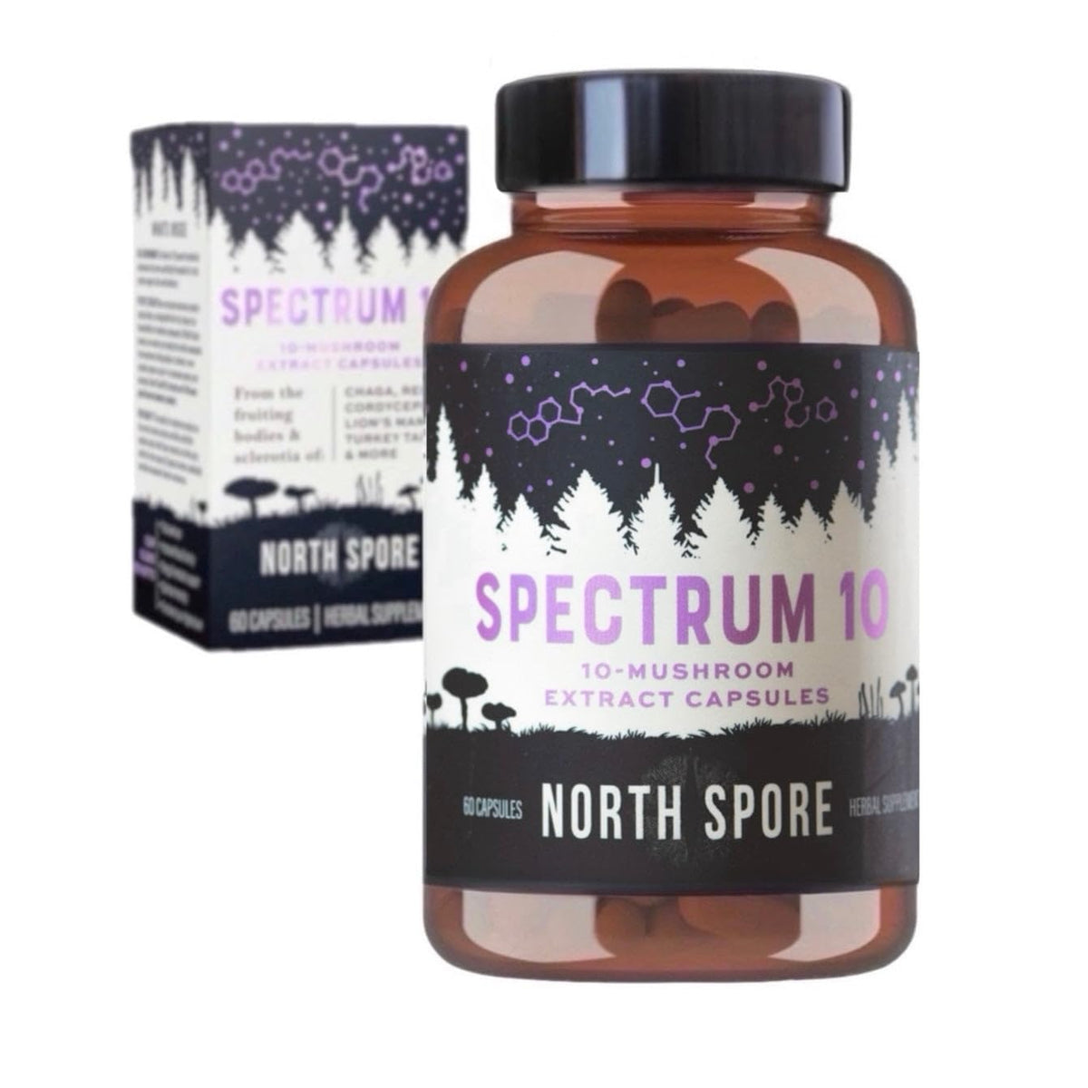 North Spore Spectrum 10 bottle front view highlighting a cognitive support blend.